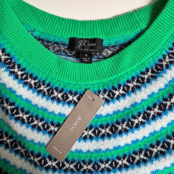 J. CREW WOMENS FAIR ISLE GREEN CASHMERE CREWNECK SWEATER - Picture 7 of 9